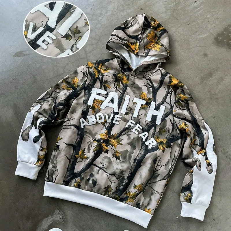 hongfeng provides custom hoodies for men with letter and branch print for casual wear.